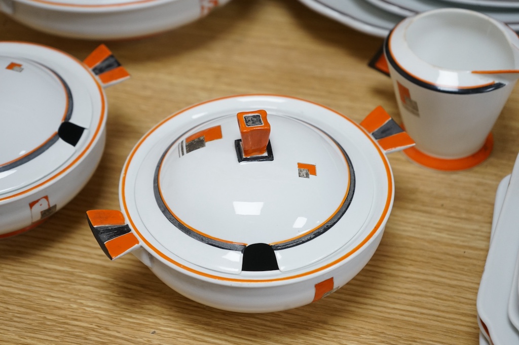 A Shelley ‘Vogue’ orange comprehensive dinner service. Largest platter 44cm wide. Condition - some enamelling worn or missing